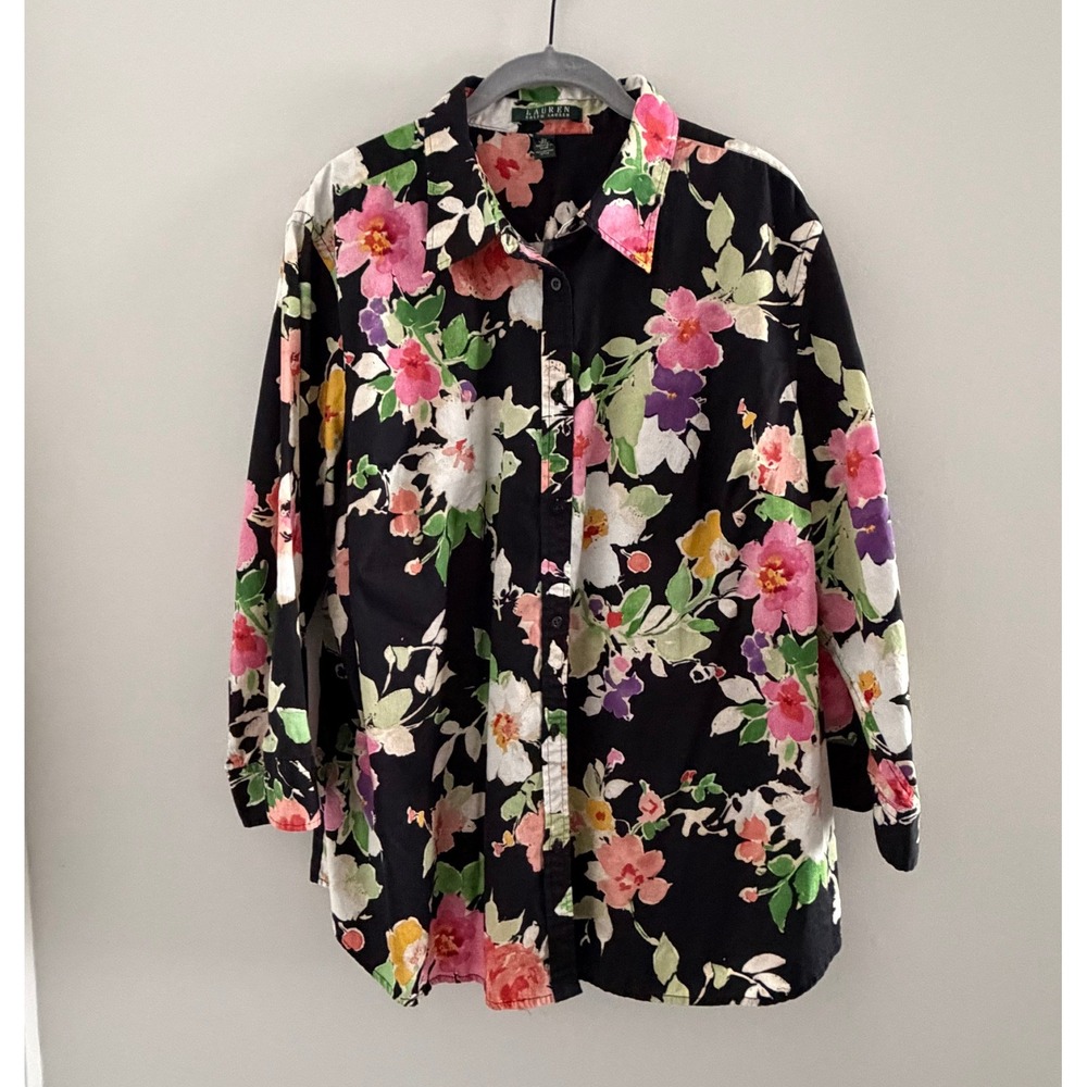Lauren Ralph Lauren Floral Cotton Button Dwn Shirt Black 2X Feminine Cottagecore
